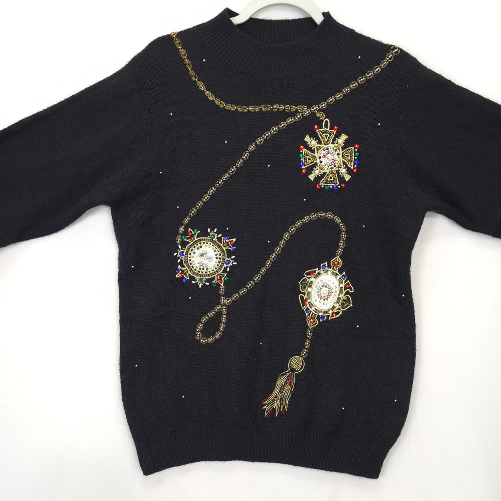 Koret Sweater Women S Black‎ Beaded Embellished Pullover Crew Neck Vintage